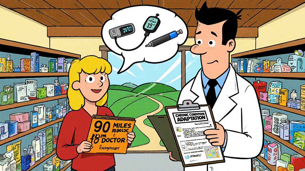 A pharmacist helps a rural patient with a chronic condition using a state-approved protocol.