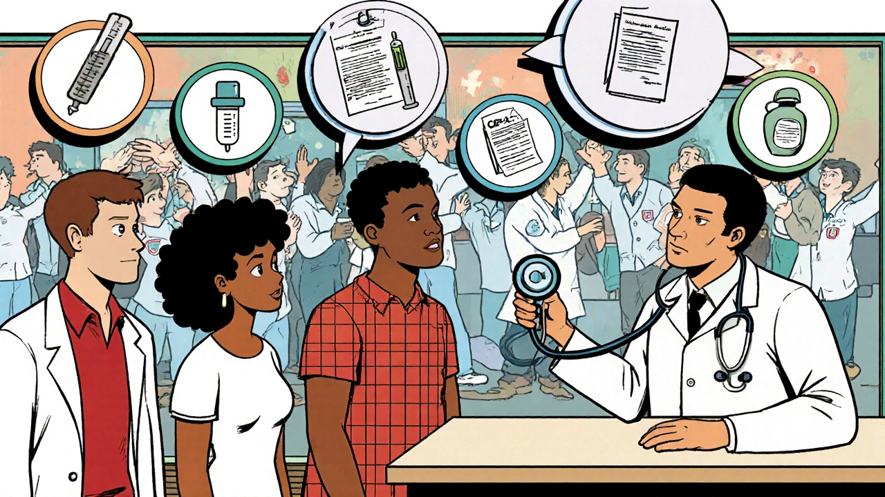A pharmacist performs health checks at a busy pharmacy with icons showing flu shots and tests.
