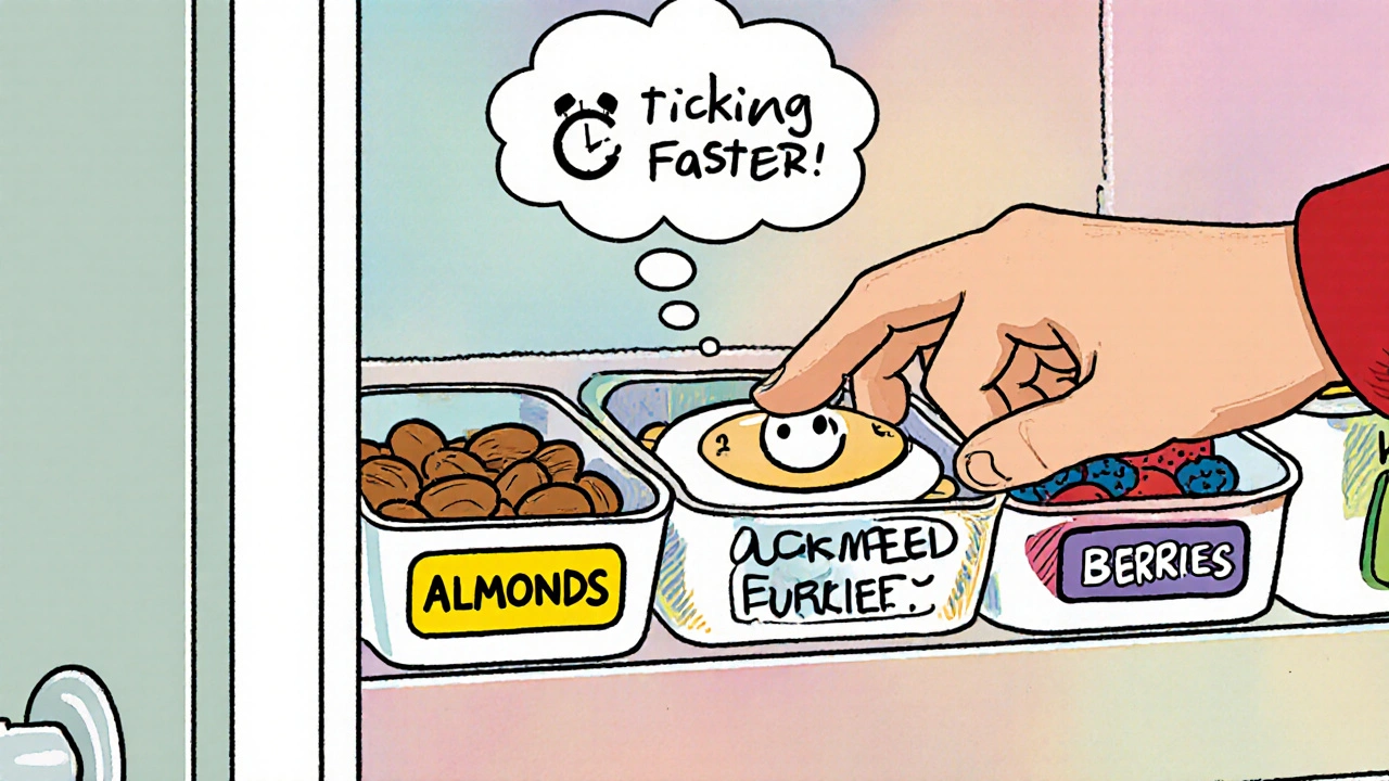 A snack station with pre-portioned healthy foods near the fridge door, ready to grab without thinking.