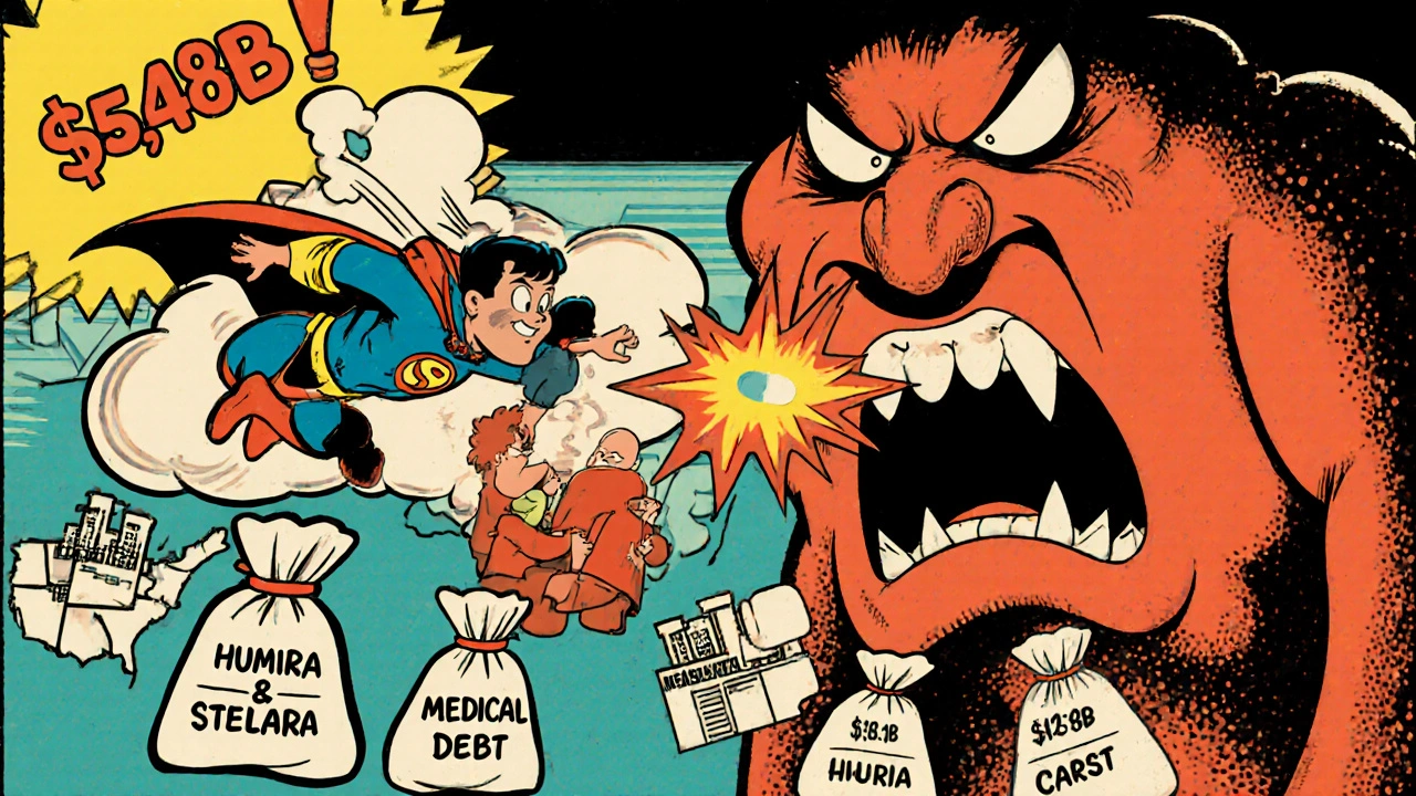 A superhero generic pill rescues a family from a medical debt monster, with biosimilar sidekicks dropping savings bags.