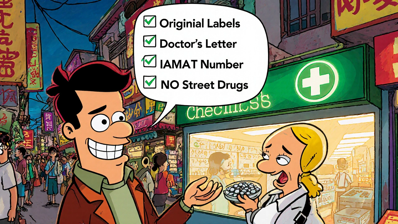 A traveler avoids a street vendor selling pills, while a clean pharmacy with a green cross shines in the background.