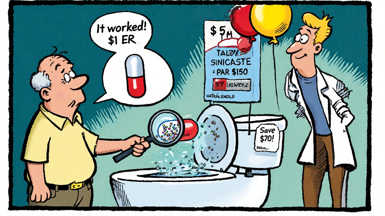 An elderly man seeing a whole ER pill in the toilet, with a pharmacist explaining it still worked.