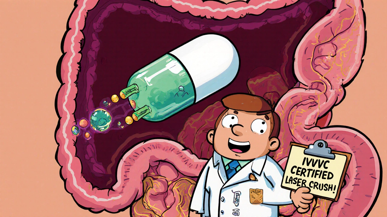 An extended-release pill with four propulsion systems floating in a cartoon stomach, watched by a doctor.