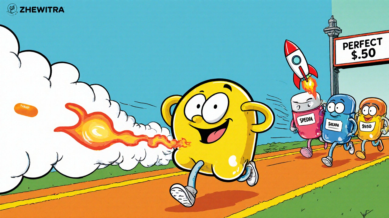 Anthropomorphic ED pills racing to a finish line, with Zhewitra Oral Jelly as the speedy jelly blob winning the race.