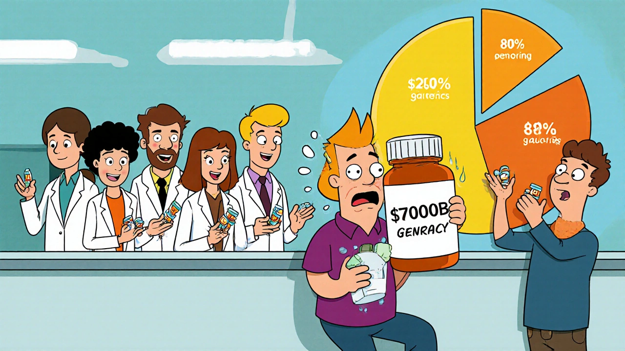 At a pharmacy, nine customers hold small generic pills while one holds a huge expensive brand-name bottle.