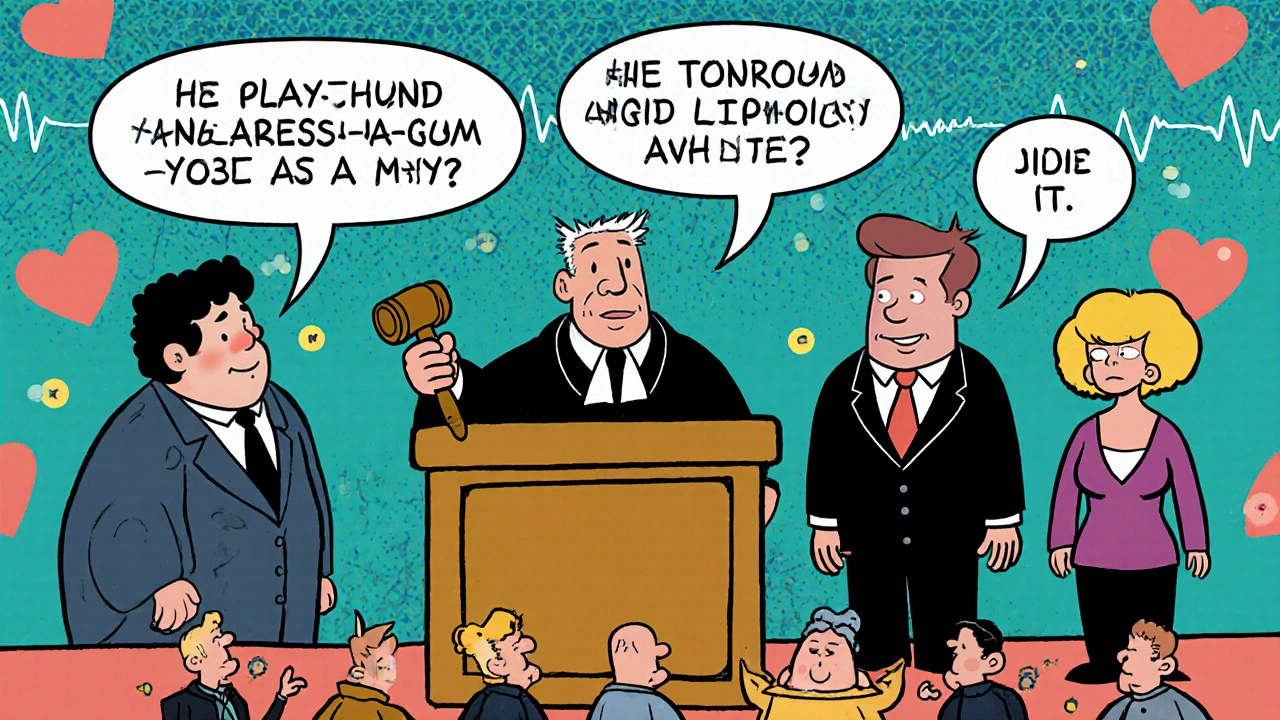 Cartoon courtroom inside a heart with Verapamil as judge and other drugs as lawyers arguing treatment options.
