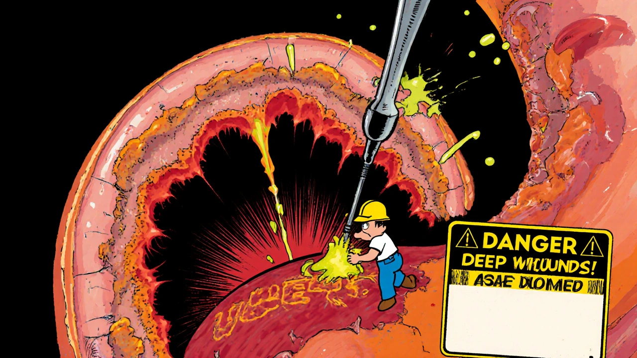 Cartoon ulcer as a deep crater in the stomach wall with acid drilling down
