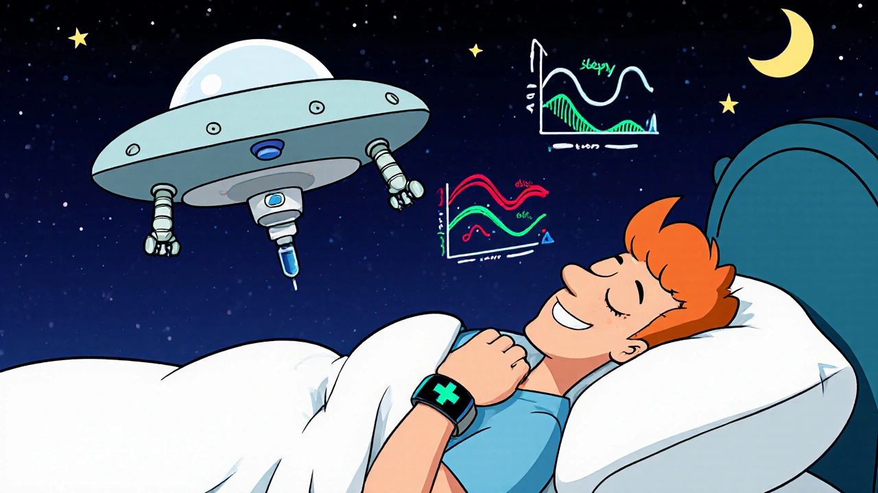 Closed-loop insulin system as a spaceship over sleeping patient, glucose graphs turning green at night.
