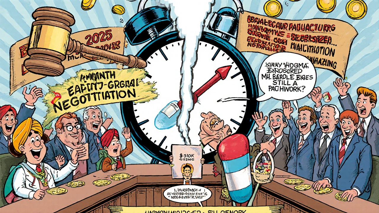 Courtroom scene with 2025 drug reforms gavel, early negotiations, and IT costs affecting generic makers.