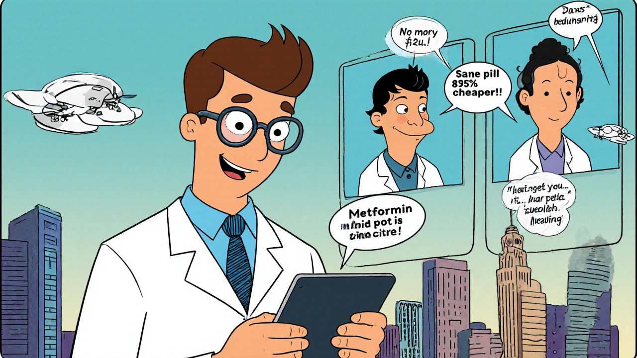 Doctor reviewing digital health data while three users receive different generic medications.