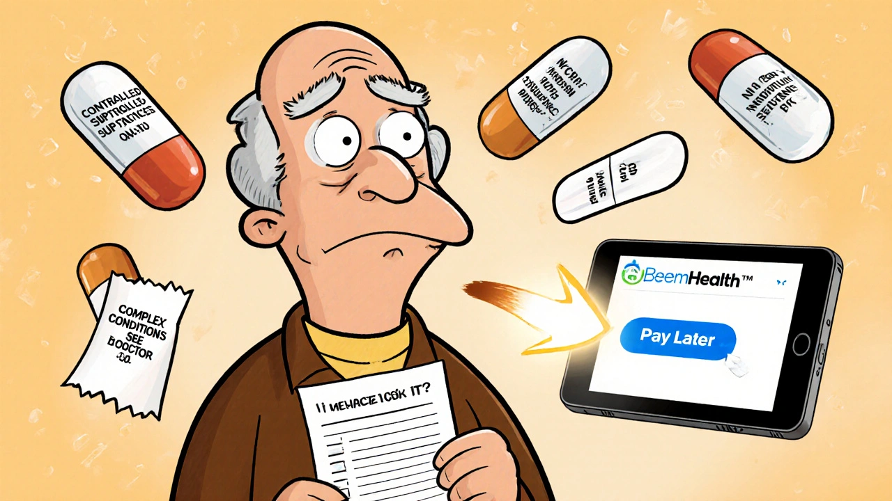 Elderly man surrounded by warning labels about meds not available through app services.