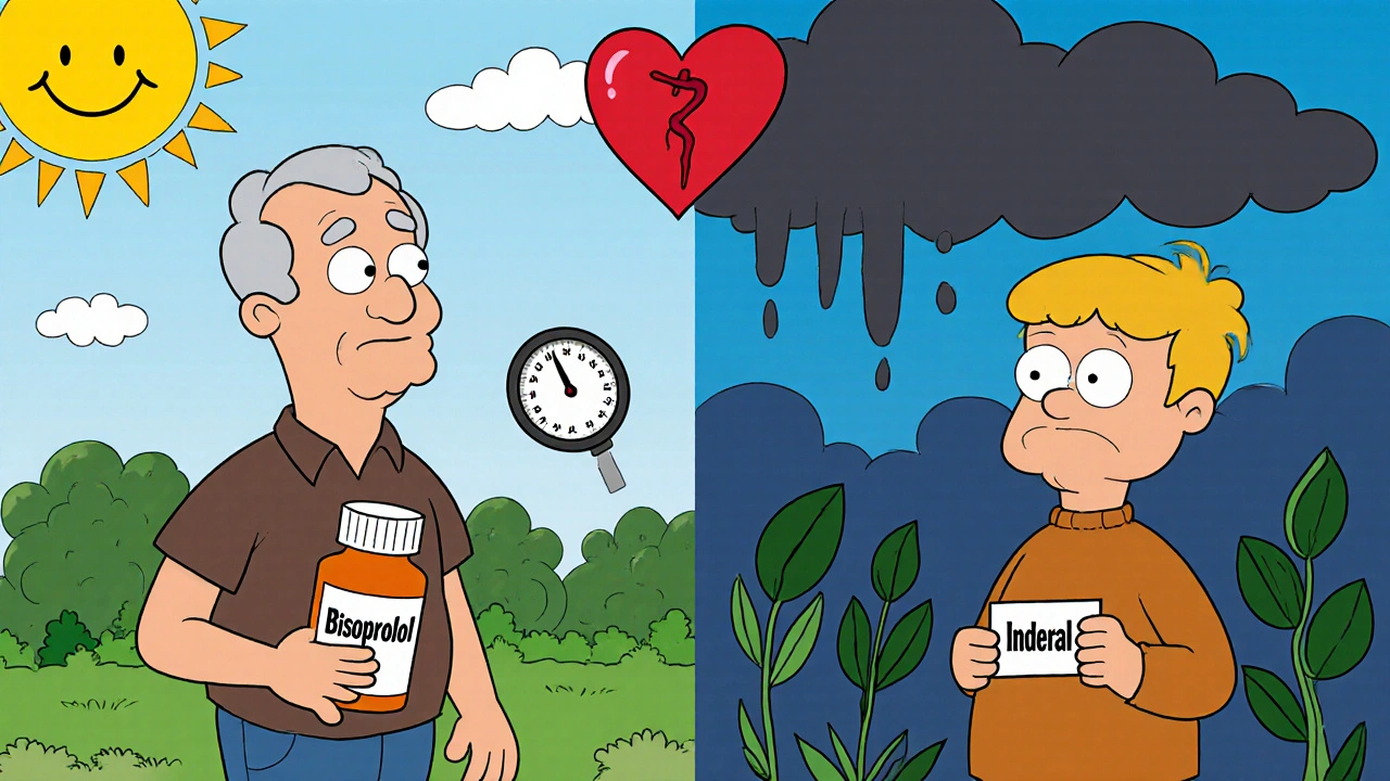Elderly person walking in park with bisoprolol bottle, heart, and sun icons floating above