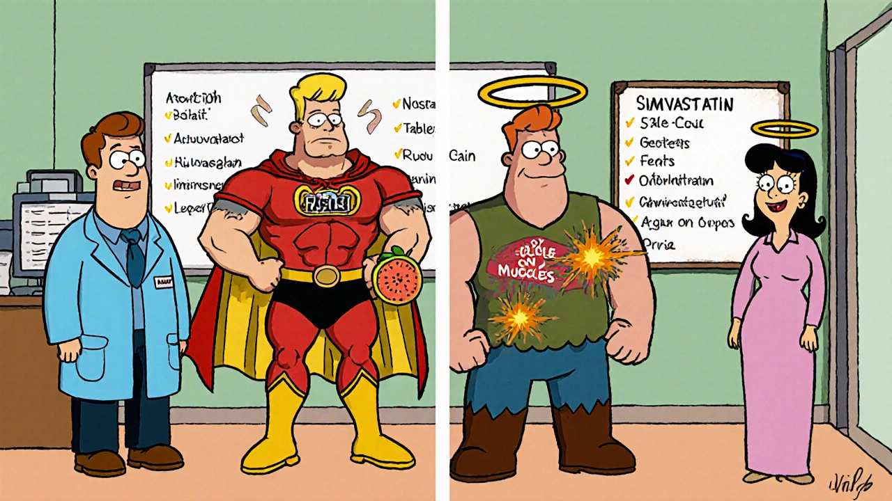 Four cartoon statin characters compared in a doctor&#039;s office with pros and cons on a whiteboard.
