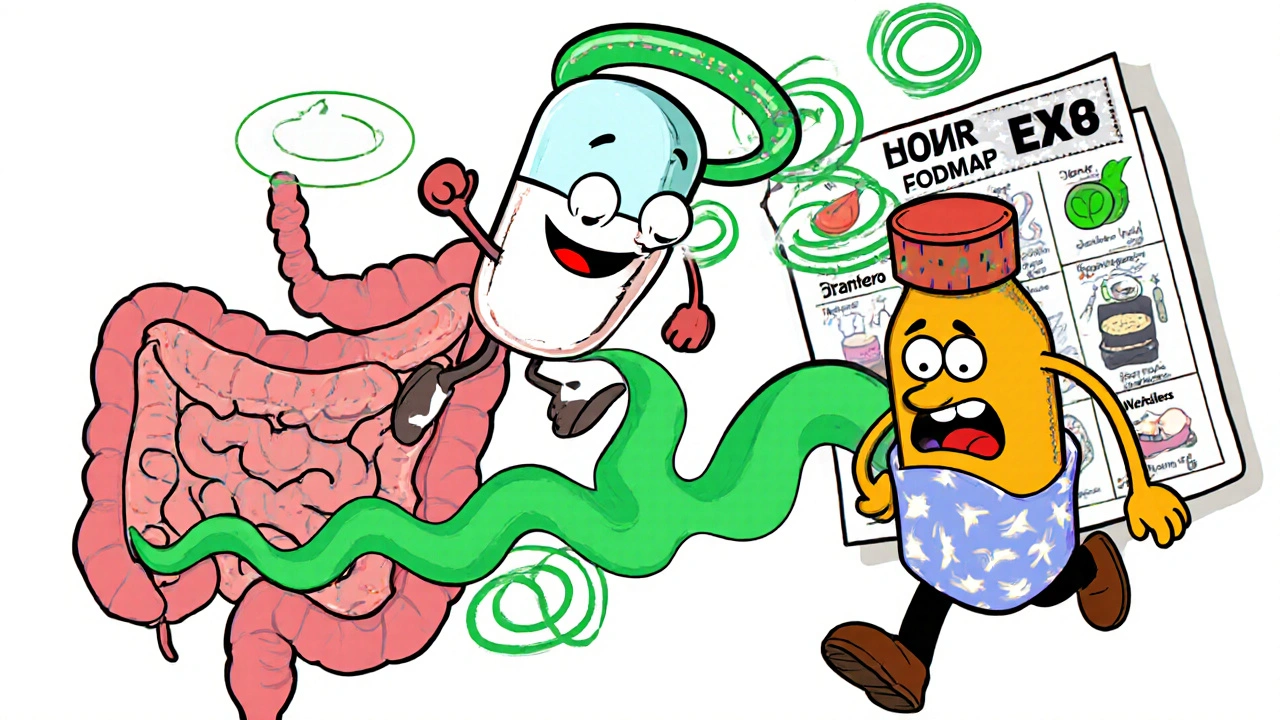 Heroic peppermint oil capsule calming a cartoon intestine