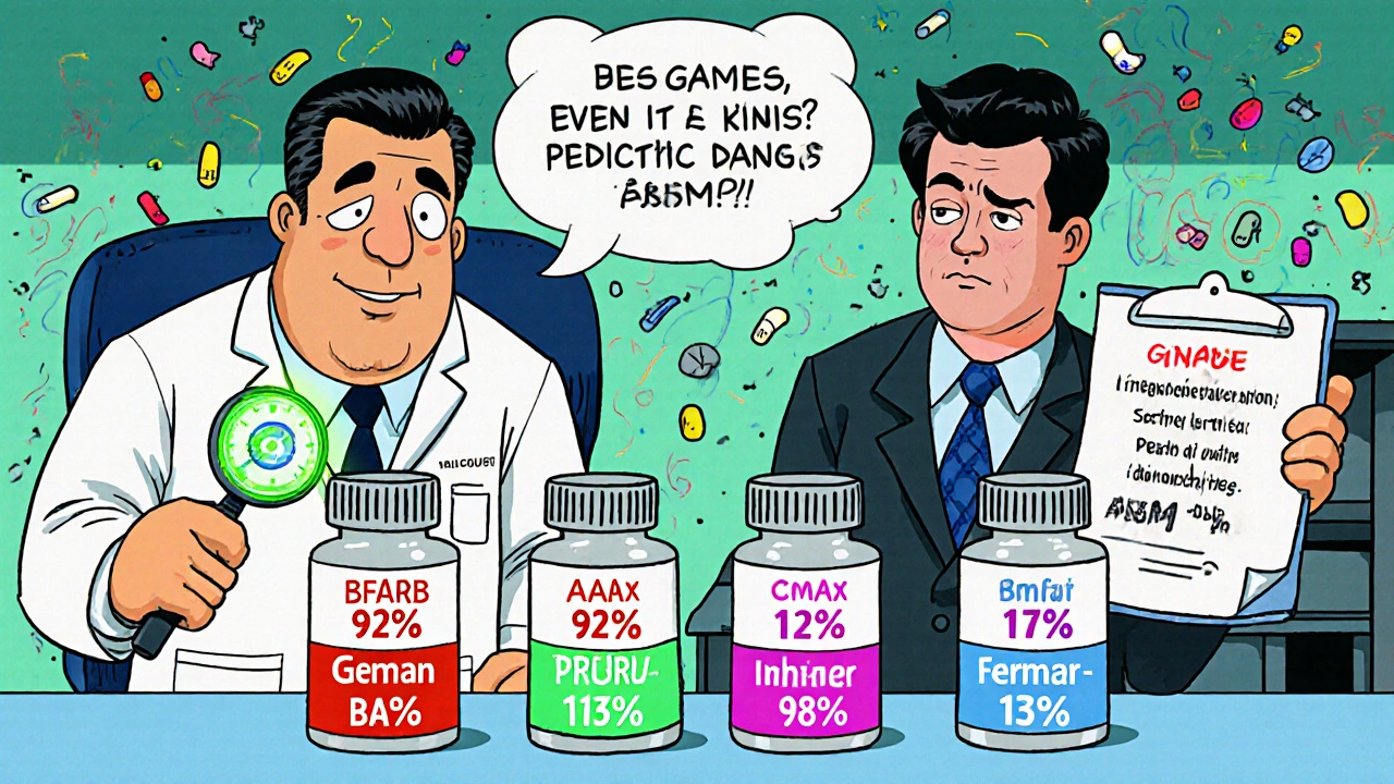 Lab scene with pills and scientists arguing over extra testing requirements in Germany and France.