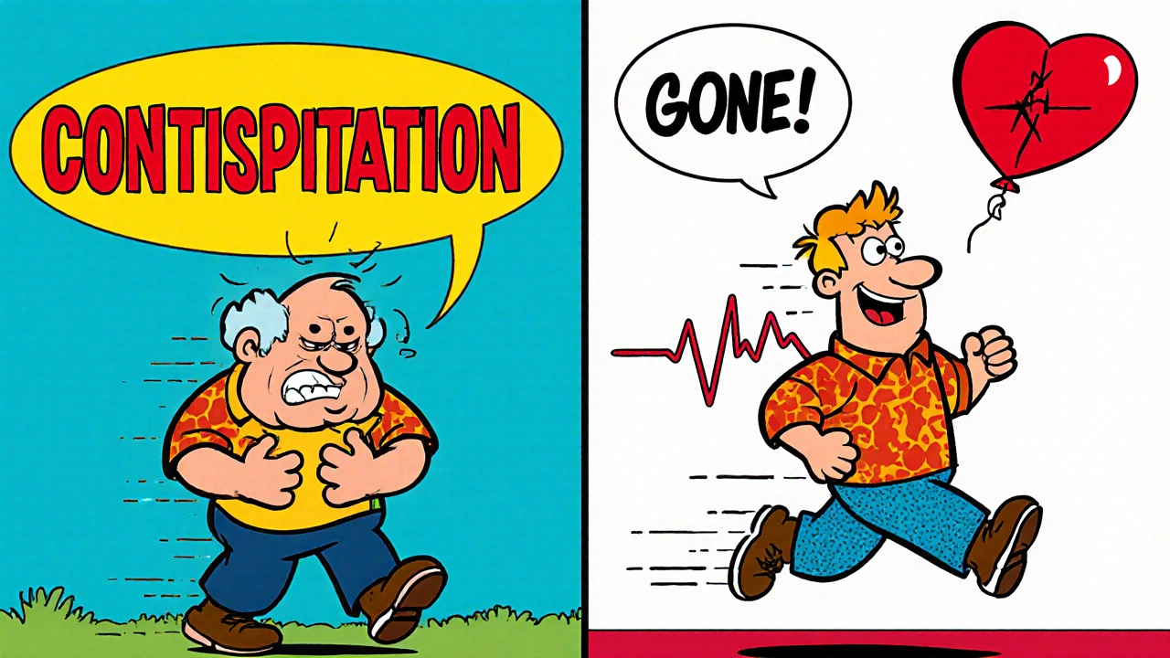 Man struggling with constipation from Verapamil on one side, happily jogging after switching to Amlodipine on the other.