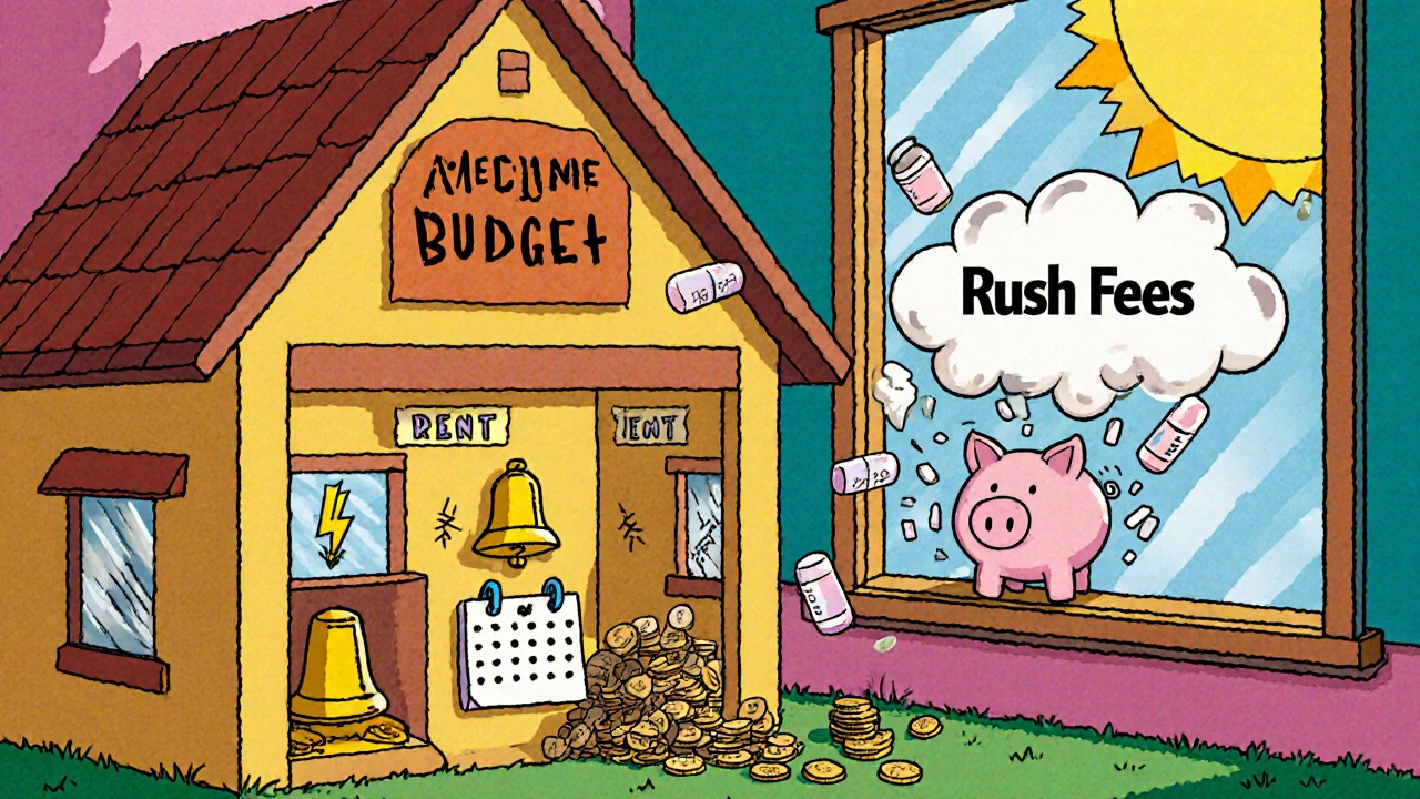 Monthly budget as a cartoon house with medication room filled with savings.