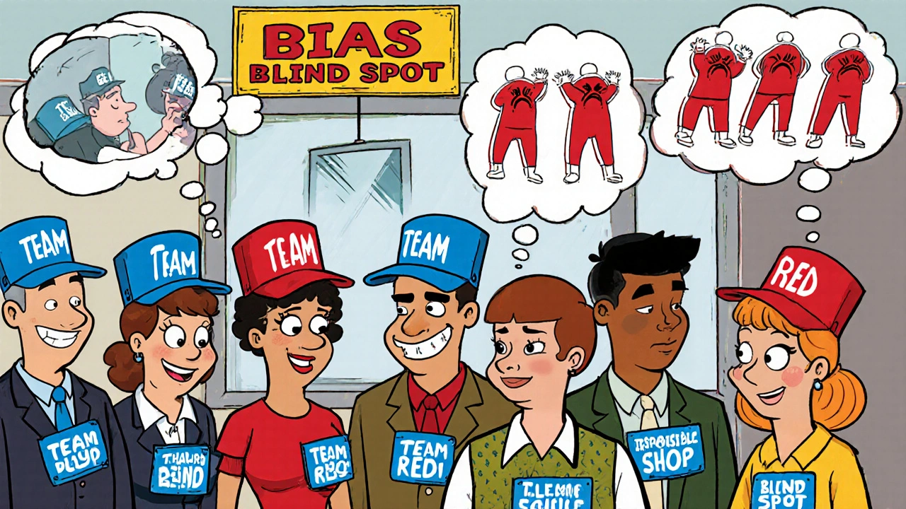 Office workers with group badges judging outsiders harshly while seeing only their own smiles in a mirror.