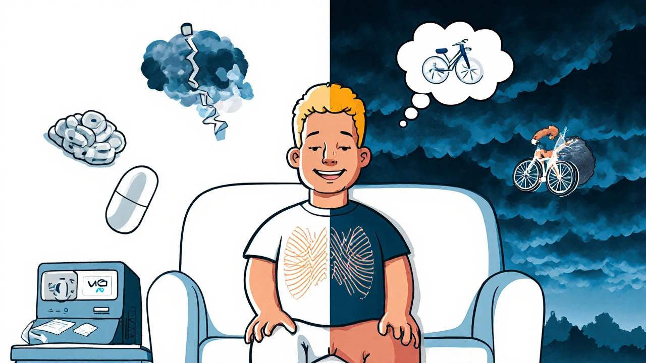 Patient practicing breathing with biofeedback machine and migraine relief icons around them