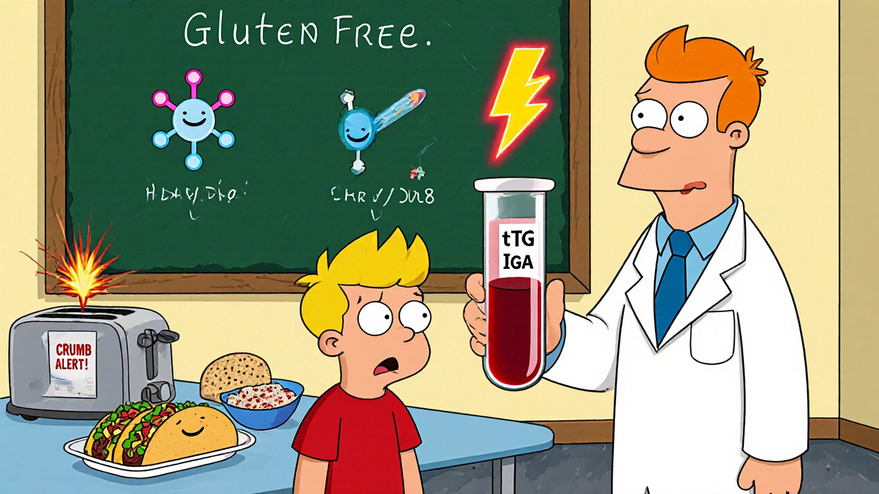 Pediatrician holding glowing blood test tube, child nearby, school cafeteria with gluten-free lunch and warning sign on toaster.