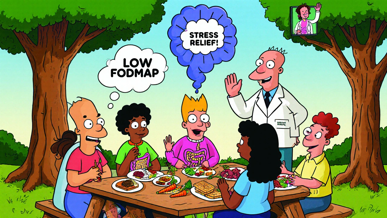 People eating healthy food with peaceful gut thought bubbles