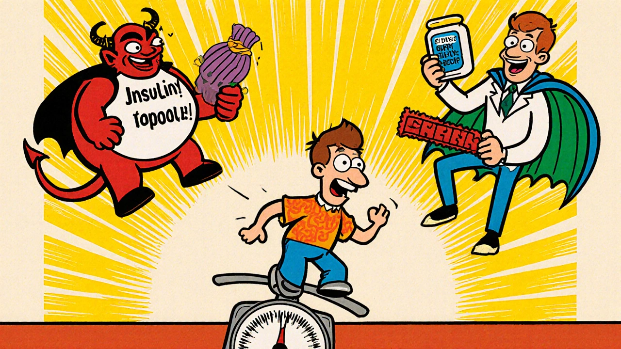 Person on tipping scale with cartoon demons of insulin and hypoglycemia, doctor holding GLP-1 pill nearby.