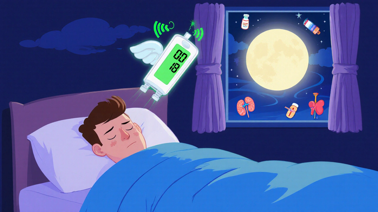Person sleeping peacefully with automated insulin device glowing gently above the bed.