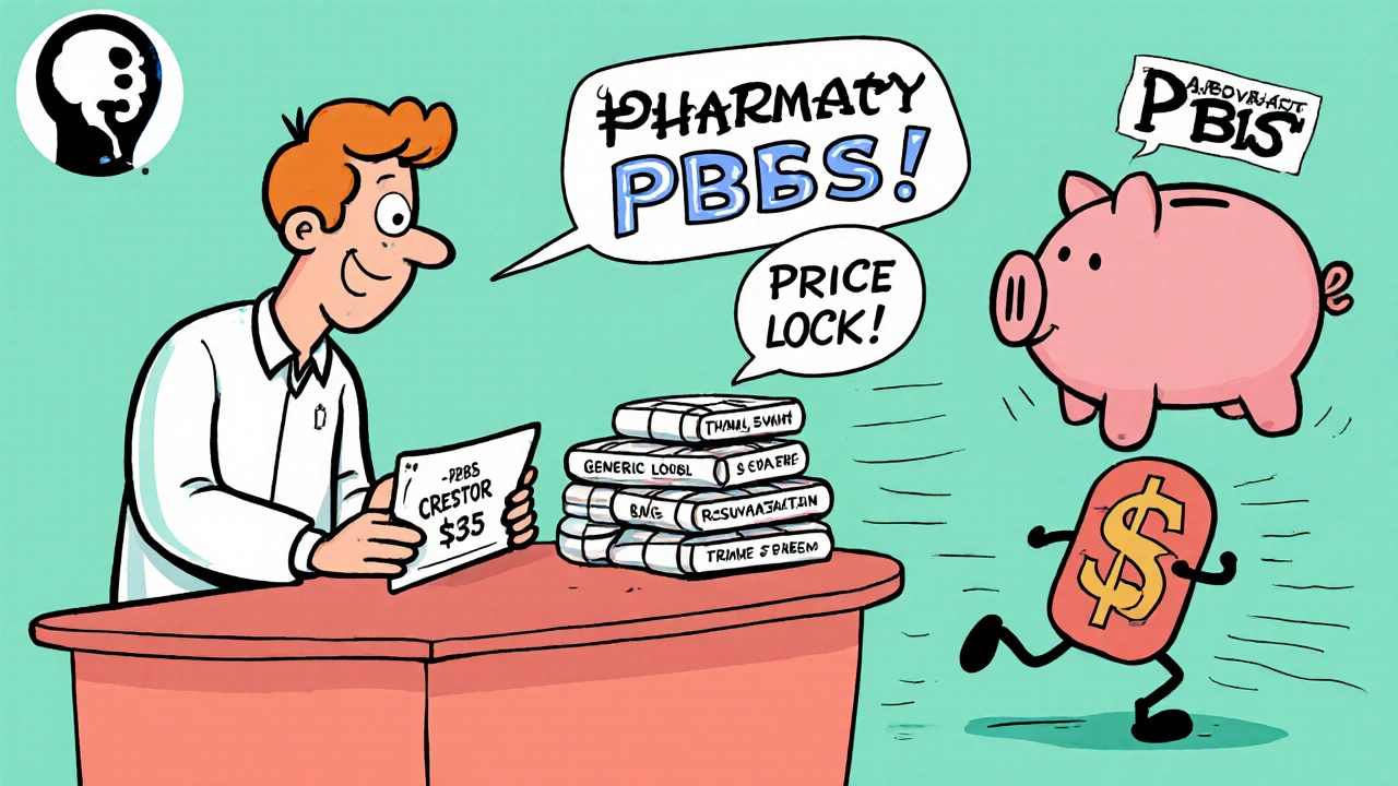 Pharmacist handing pills as generic drug chases expensive brand with dollar sign.