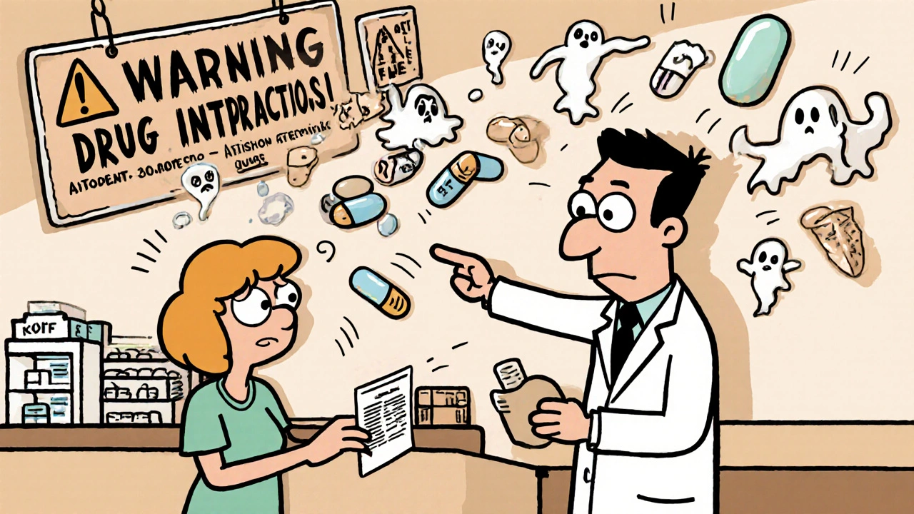 Pharmacist warning patient about dangerous drug interactions with floating medication icons.