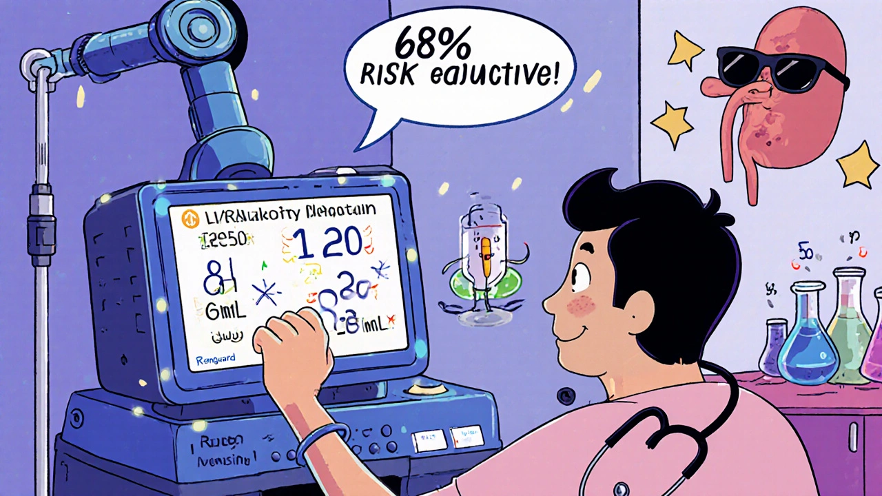 RenalGuard machine with robot arm monitoring urine output and risk reduction stats