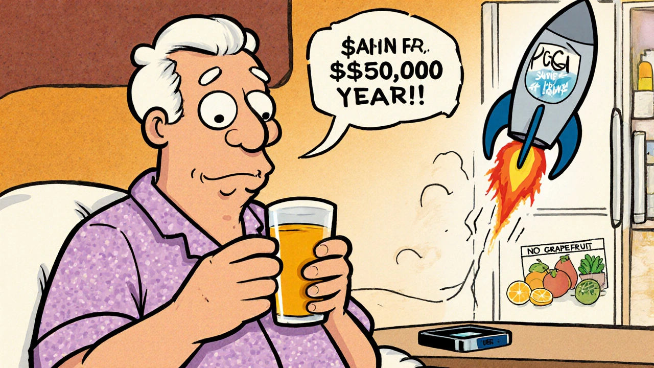 Senior man taking gentle statins with orange juice, PCSK9 injector flying away, no grapefruit sticker visible.