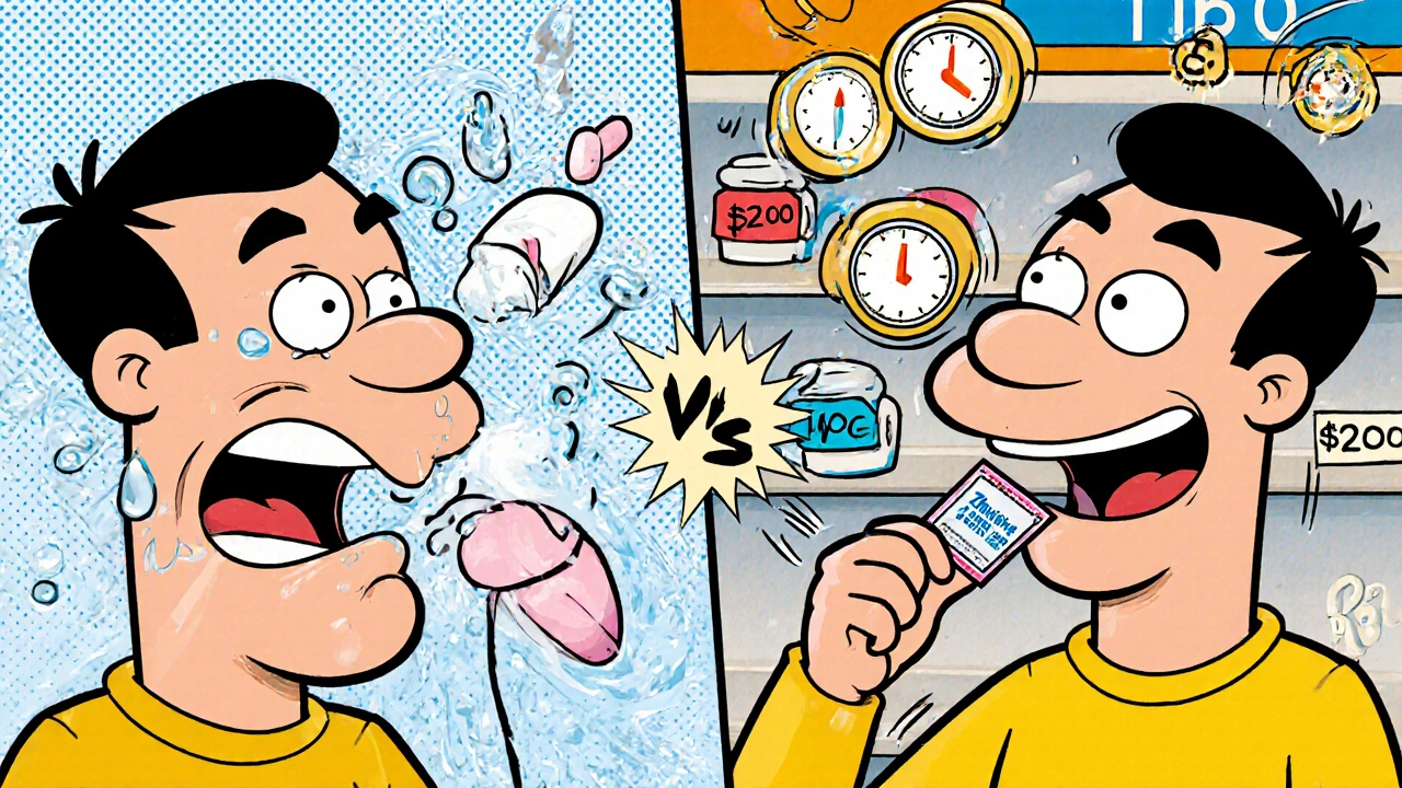 Side-by-side cartoon: man struggling with a pill vs happily taking oral jelly, with speed clocks showing faster results.