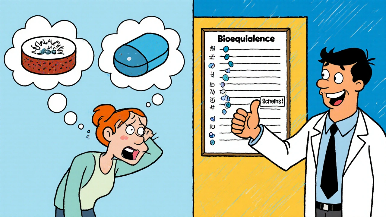 Split cartoon scene: patient nervous about new pill vs. smiling with doctor explaining bioequivalence