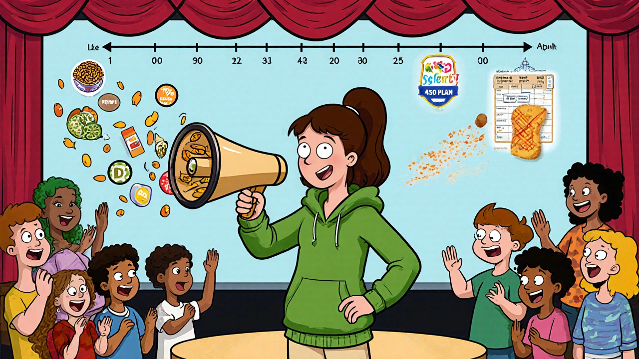 Teen girl speaking on stage with gluten-free megaphone, behind her a timeline showing growth recovery and protection from gluten crumbs.