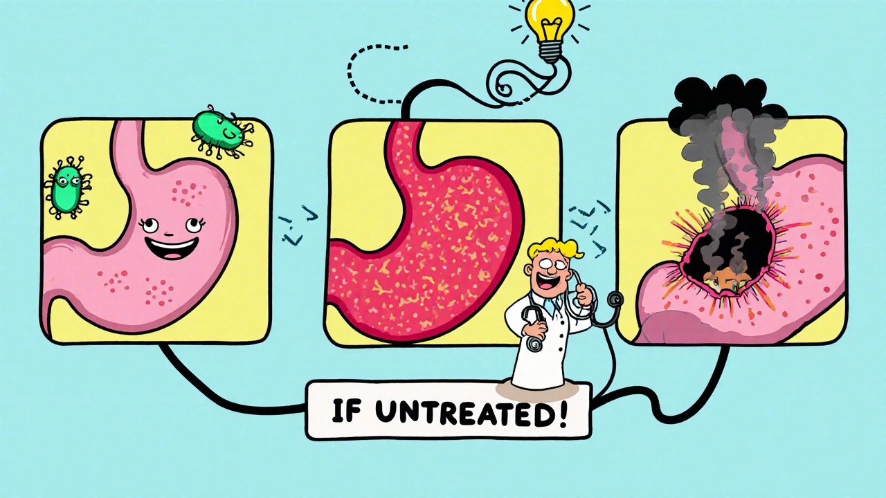 Three-panel cartoon showing progression from healthy stomach to gastritis to ulcer
