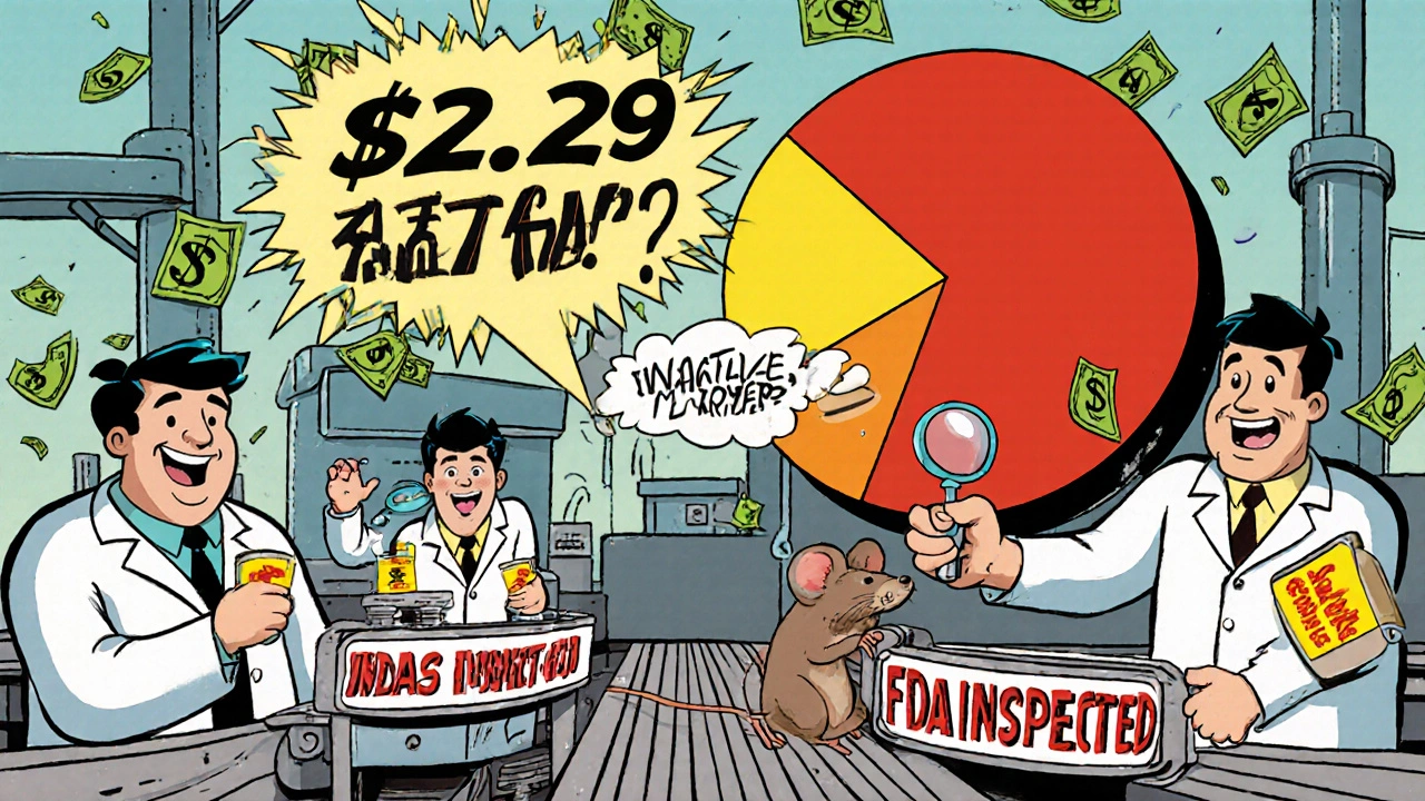 Whimsical global pill factory with FDA inspectors and .29 trillion savings pie chart