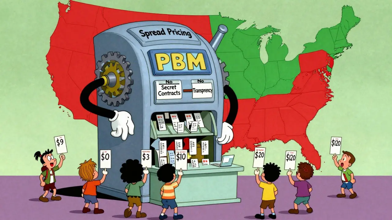 A giant PBM machine crushing a pharmacy while price tags from  to 0 float around, in retro cartoon style.