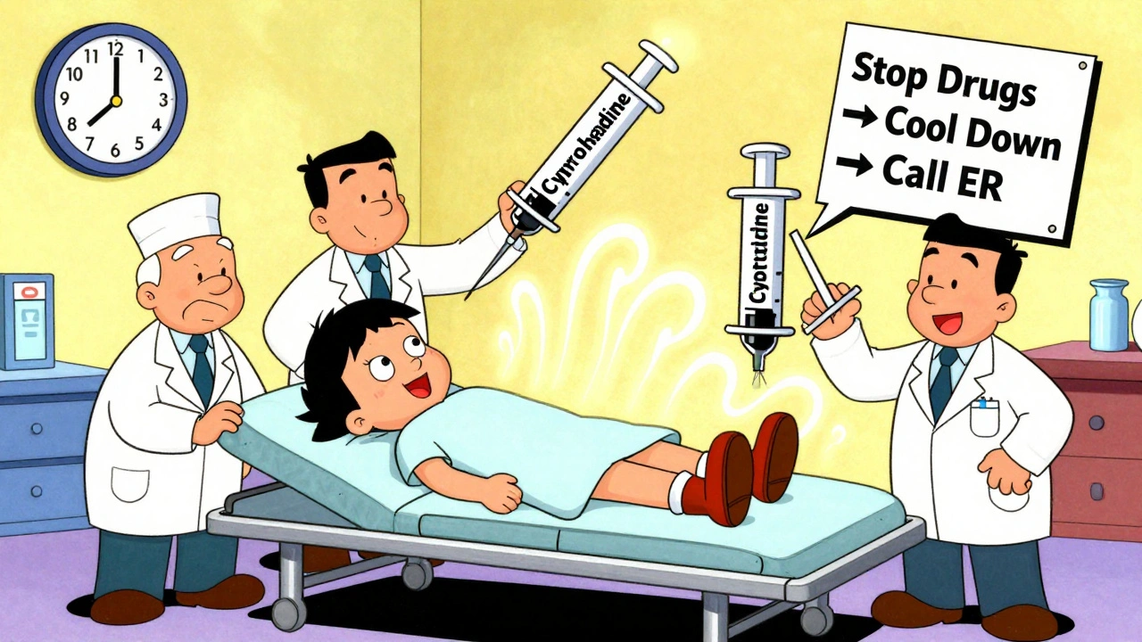 A patient in a hospital with serotonin waves radiating as doctors administer treatment, in classic Hanna-Barbera animation style.