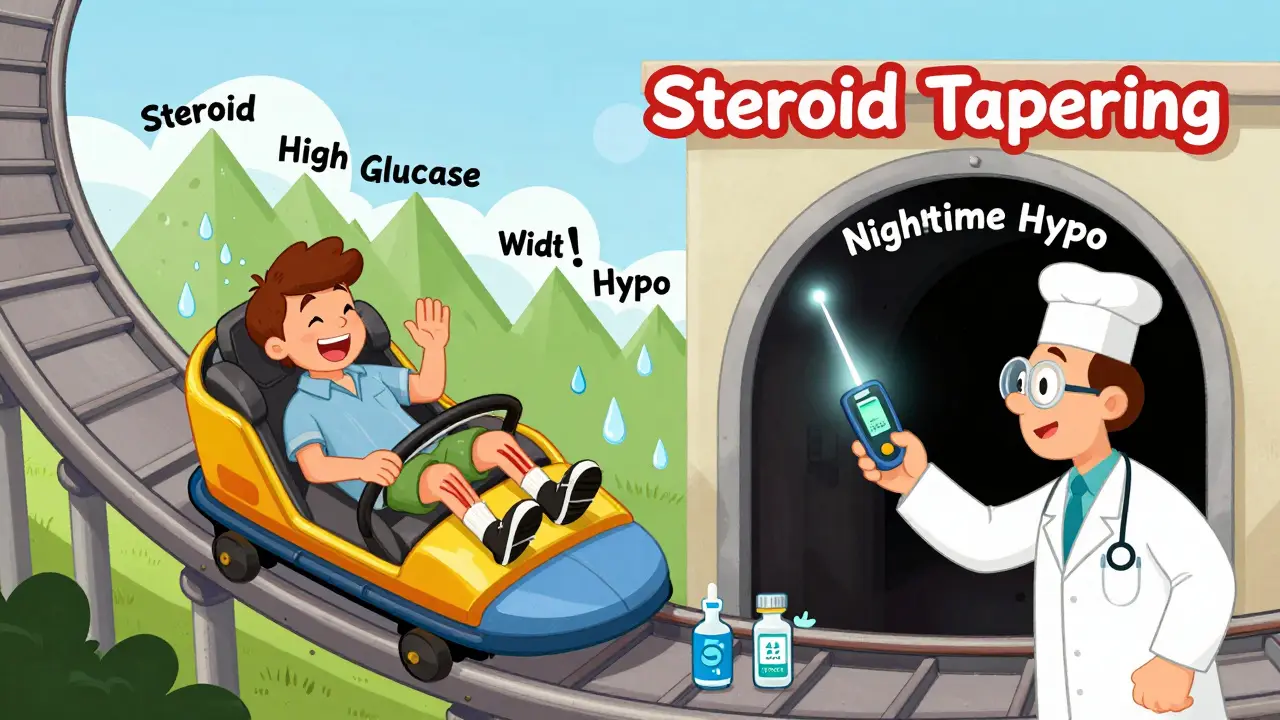 A patient on a rollercoaster of high and low blood sugar during steroid tapering, guided by a glowing CGM.