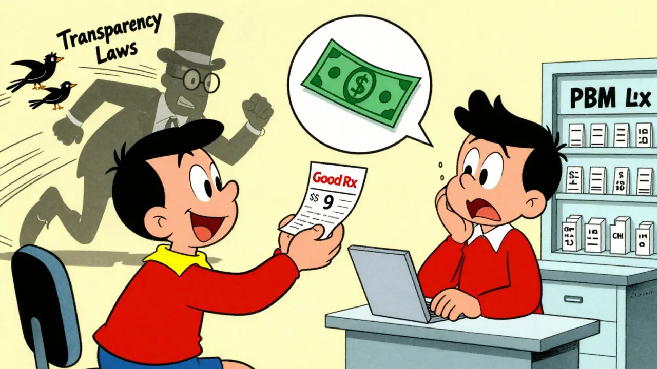 A patient smiling with a  cash receipt while a PBM figure is chased away by transparency birds, Hanna-Barbera cartoon style.