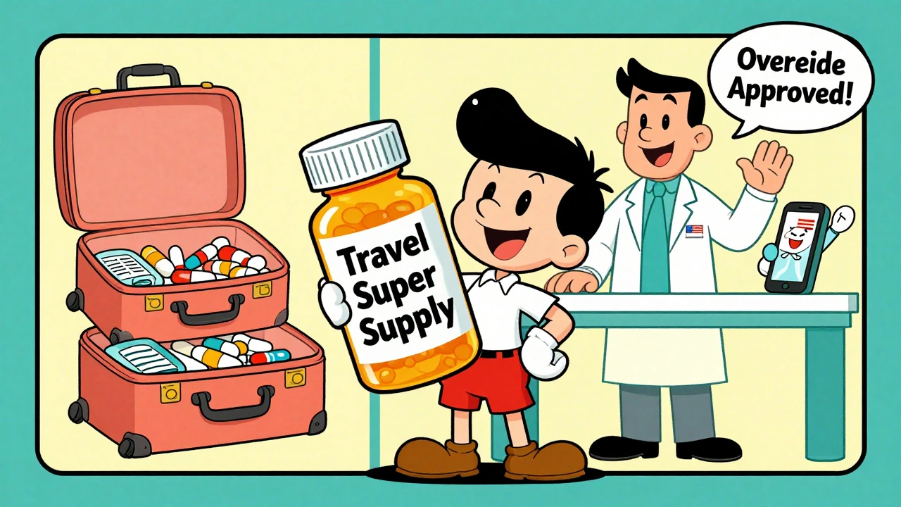 A person celebrates with a giant 90-day pill bottle while packing meds in two bags.