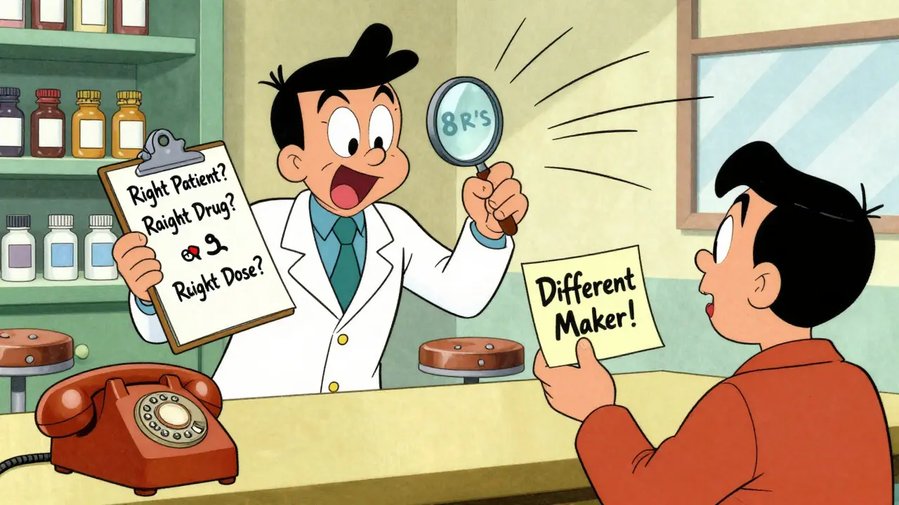 A pharmacist checks the 8 R's of medication safety with exaggerated gestures in a retro pharmacy.