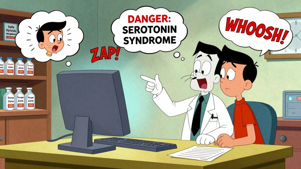 A pharmacist points to a warning screen in a doctor&#039;s office, with safe and dangerous opioids shown as labeled shelves in cartoon style.
