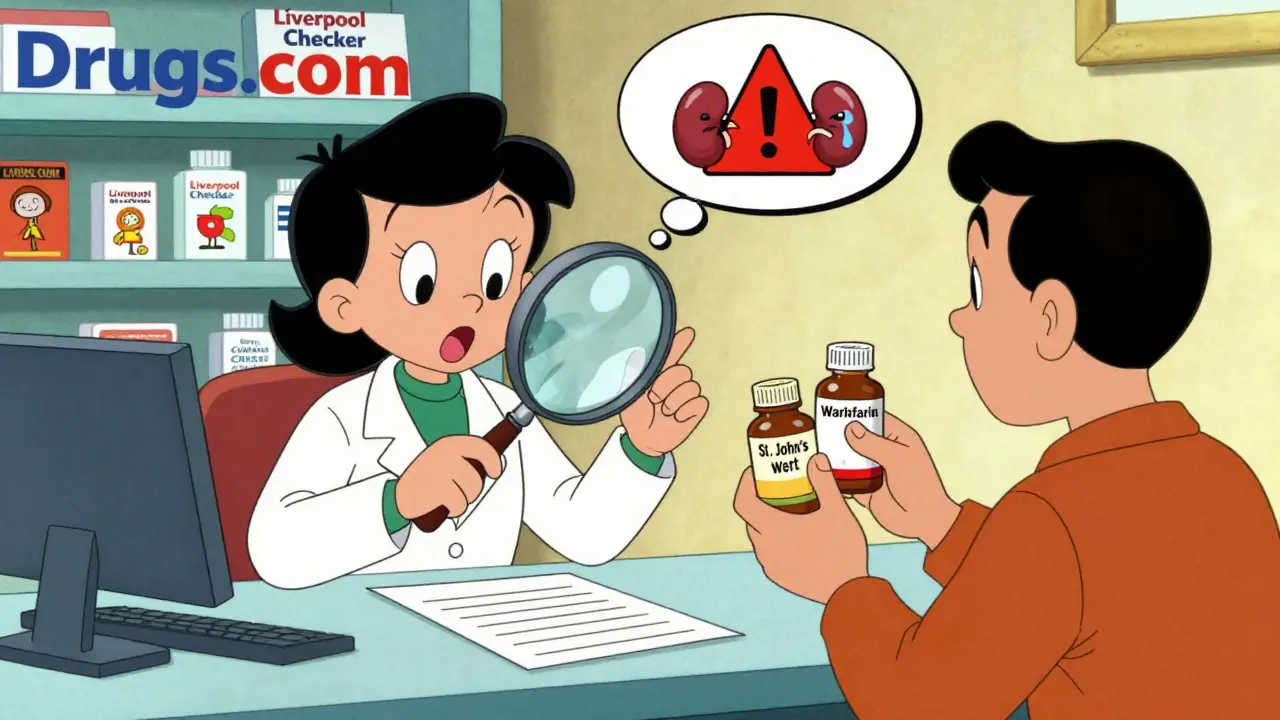 A pharmacist using a magnifying glass over medication bottles while a patient holds herbal supplements.
