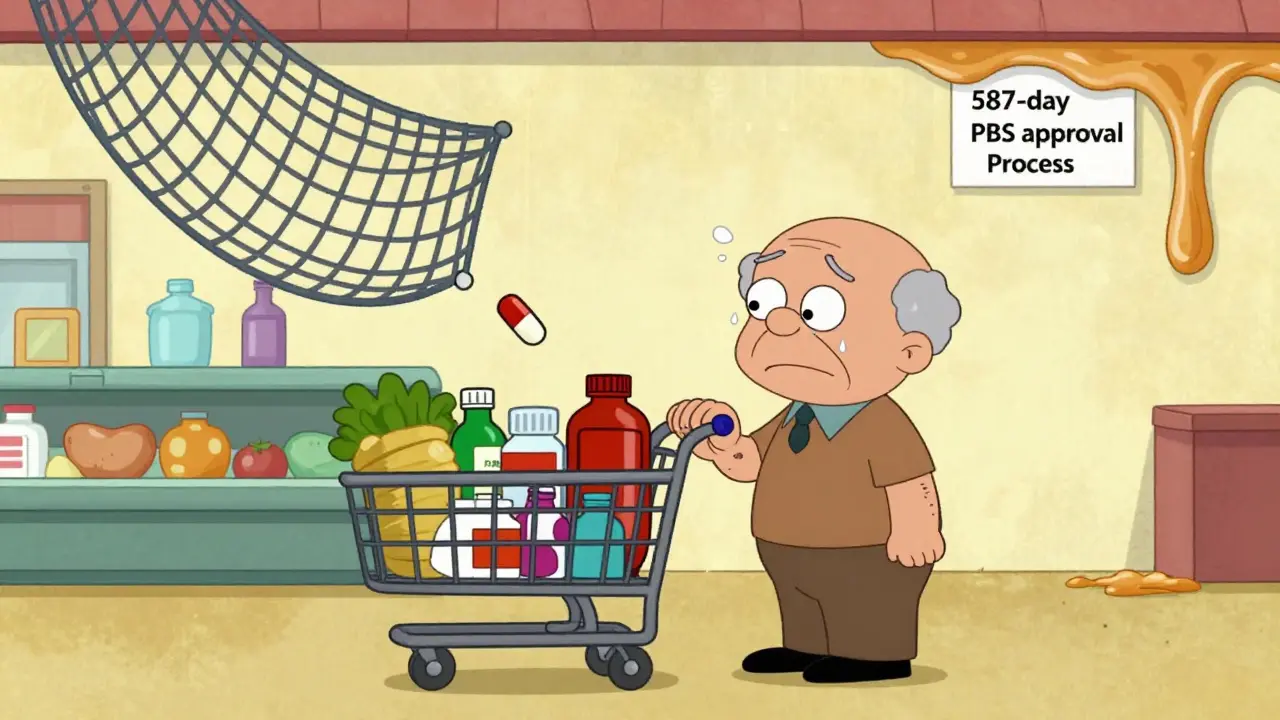 A retiree facing a choice between food and medicine, with a PBS safety net barely catching a falling pill.