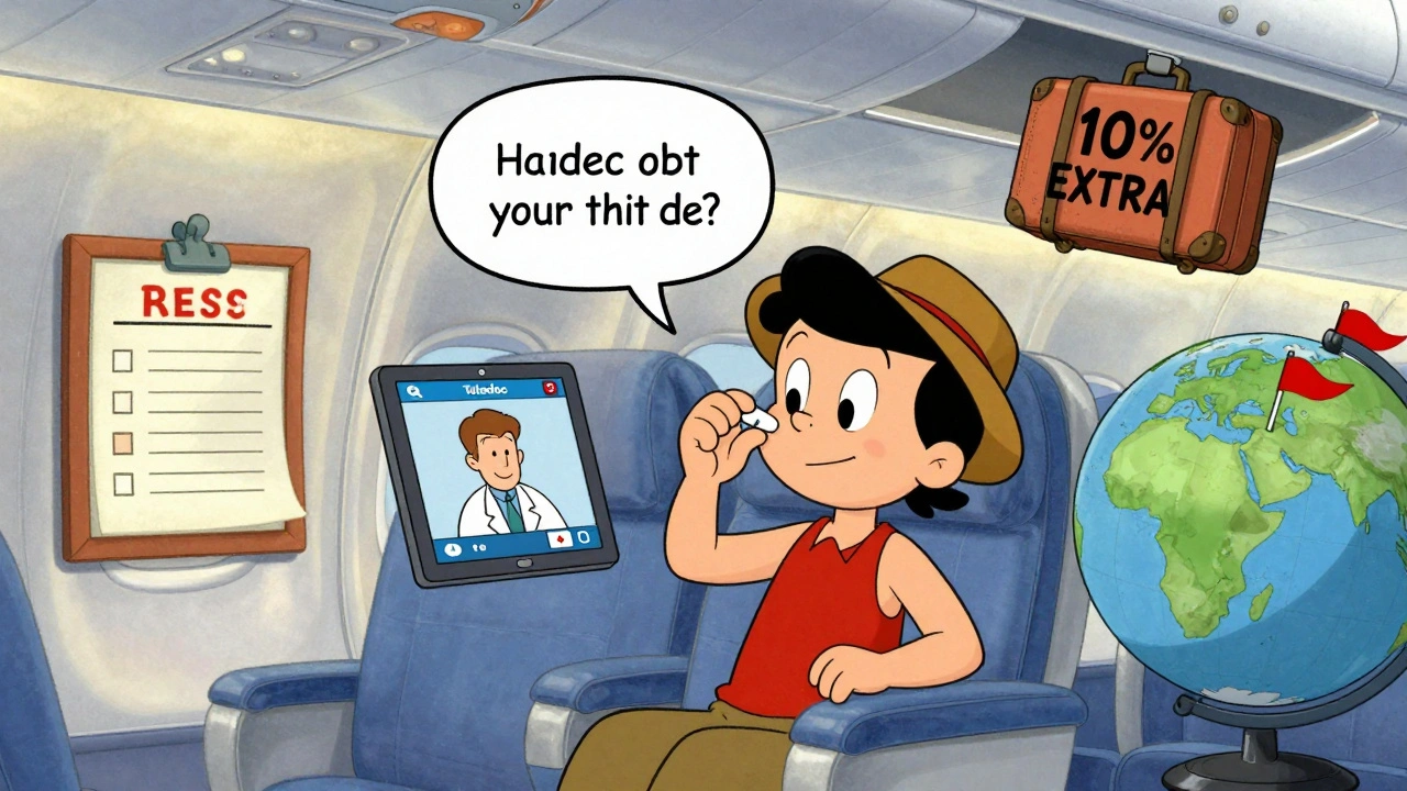 A traveler takes medication on a plane with a checklist, doctor&#039;s letter, and Teladoc app visible.