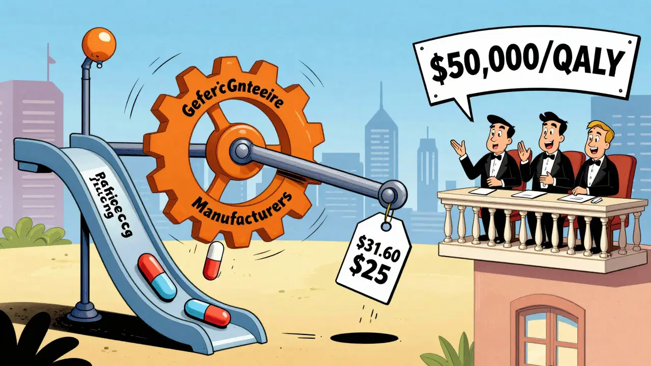 A whimsical Rube Goldberg machine showing how PBS lowers drug prices using reference pricing and generics.