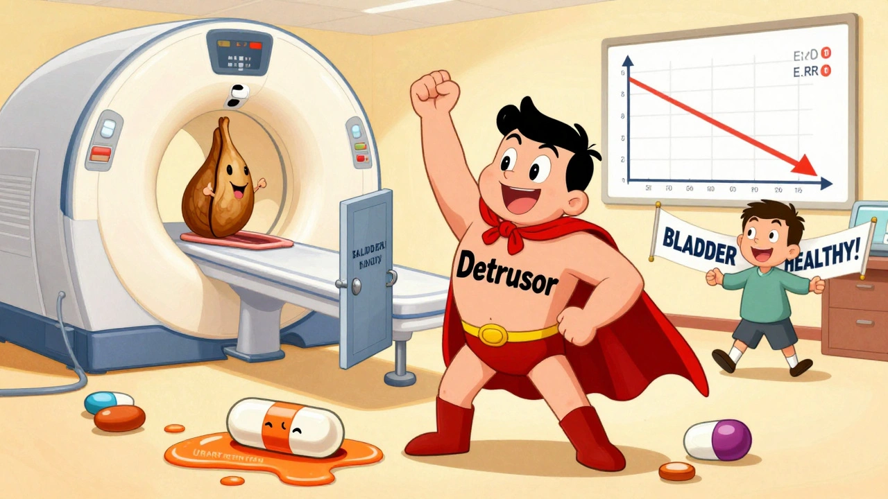 Bladder superhero aided by alpha-blocker pill, defeating anticholinergic villain