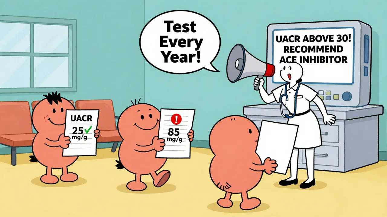 Clinic scene with patients holding UACR charts and an EHR alert popping up