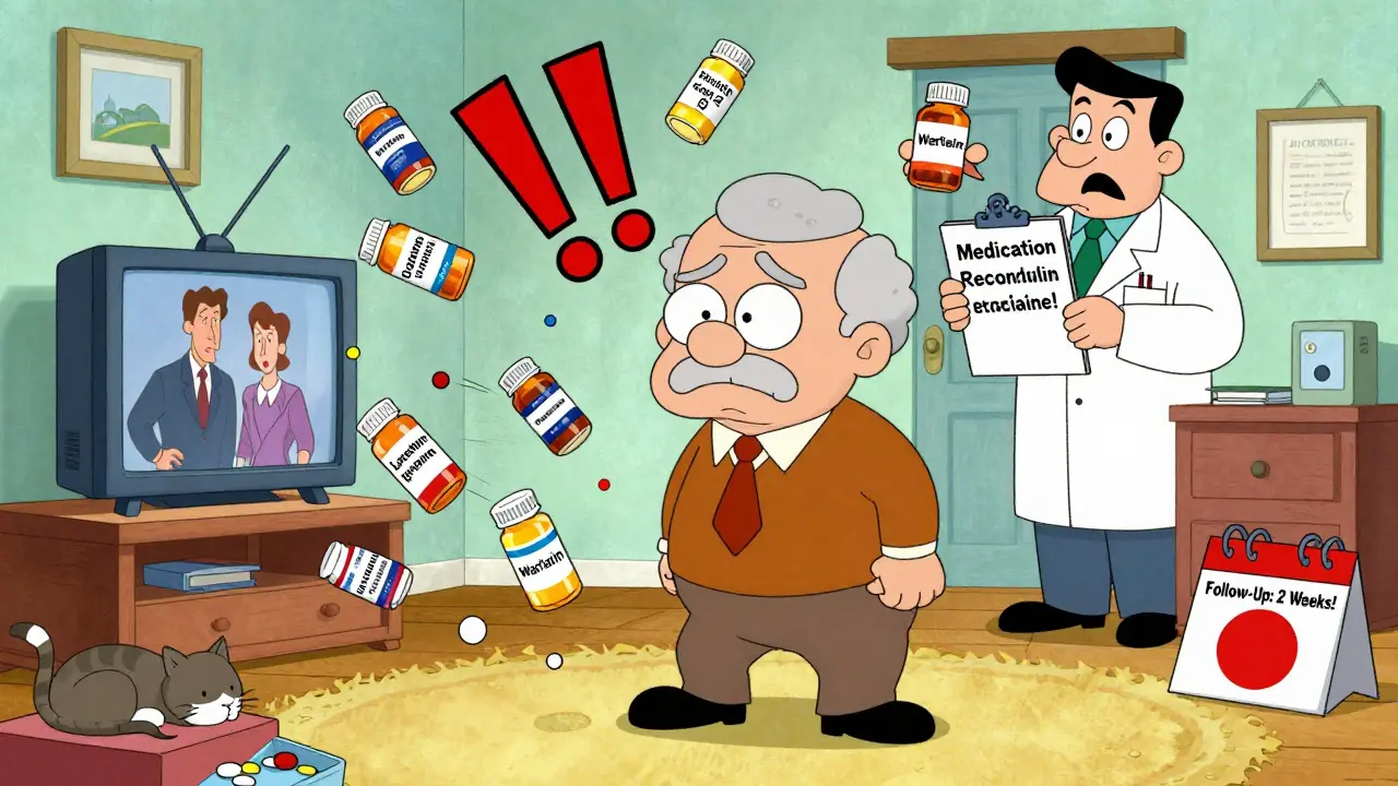 Confused senior surrounded by floating medication bottles in a chaotic living room scene.